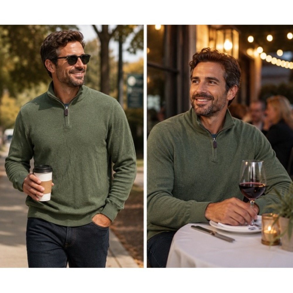 Daniel Hechter Paris Mens XL Olive Green Cotton Cashmere Quarter Zip Sweater